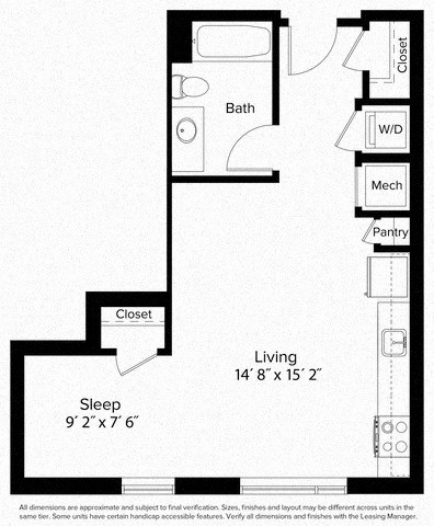 Floor plan for studio, 1 bath, 572 sqft